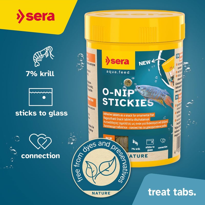Sera O-Nip Stickies 100 Tabs 2.1 oz | Complete Feed for All Ornamental Fish | Adhesive Tablets Stick to The Aquarium Glass | High Protein | No Dyes & Preservatives | with Bloodworms, Krill & Tubifex - Image 2
